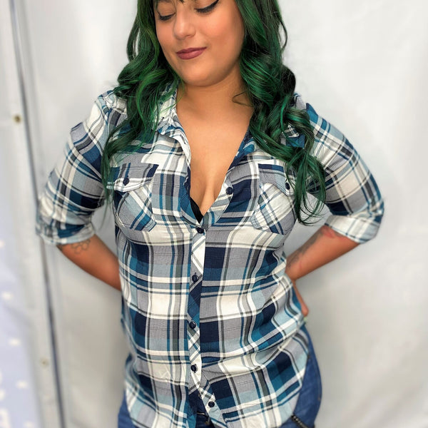 TEAL AND IVORY FLANNEL SHIRT